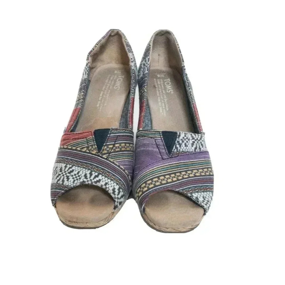 Toms Womens Cork Tribal Print Wedge‎ Sz W6 Bohemian Colorful Indie Summer Cruise
